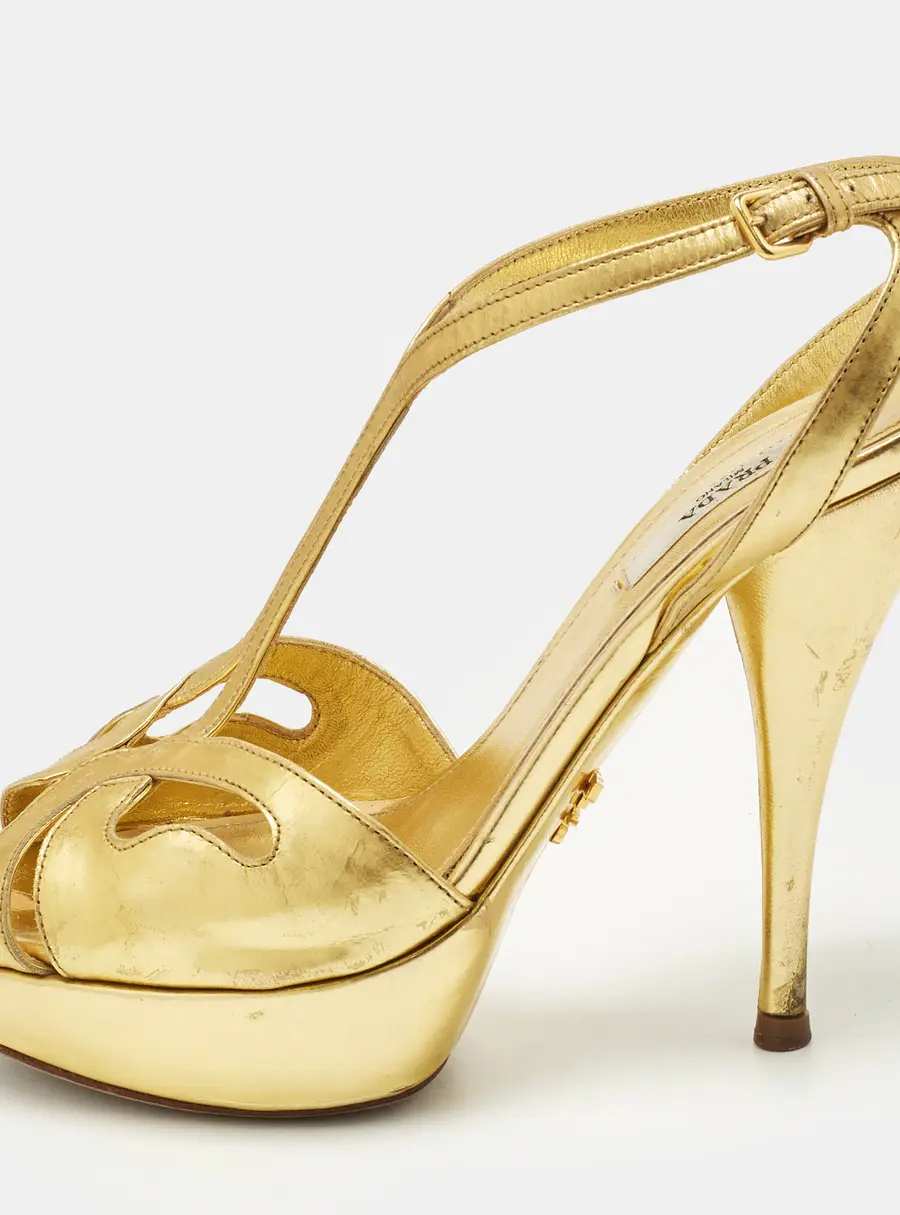 Prada Size 36.5 Metallic Gold Leather T Strap Platform Sandals