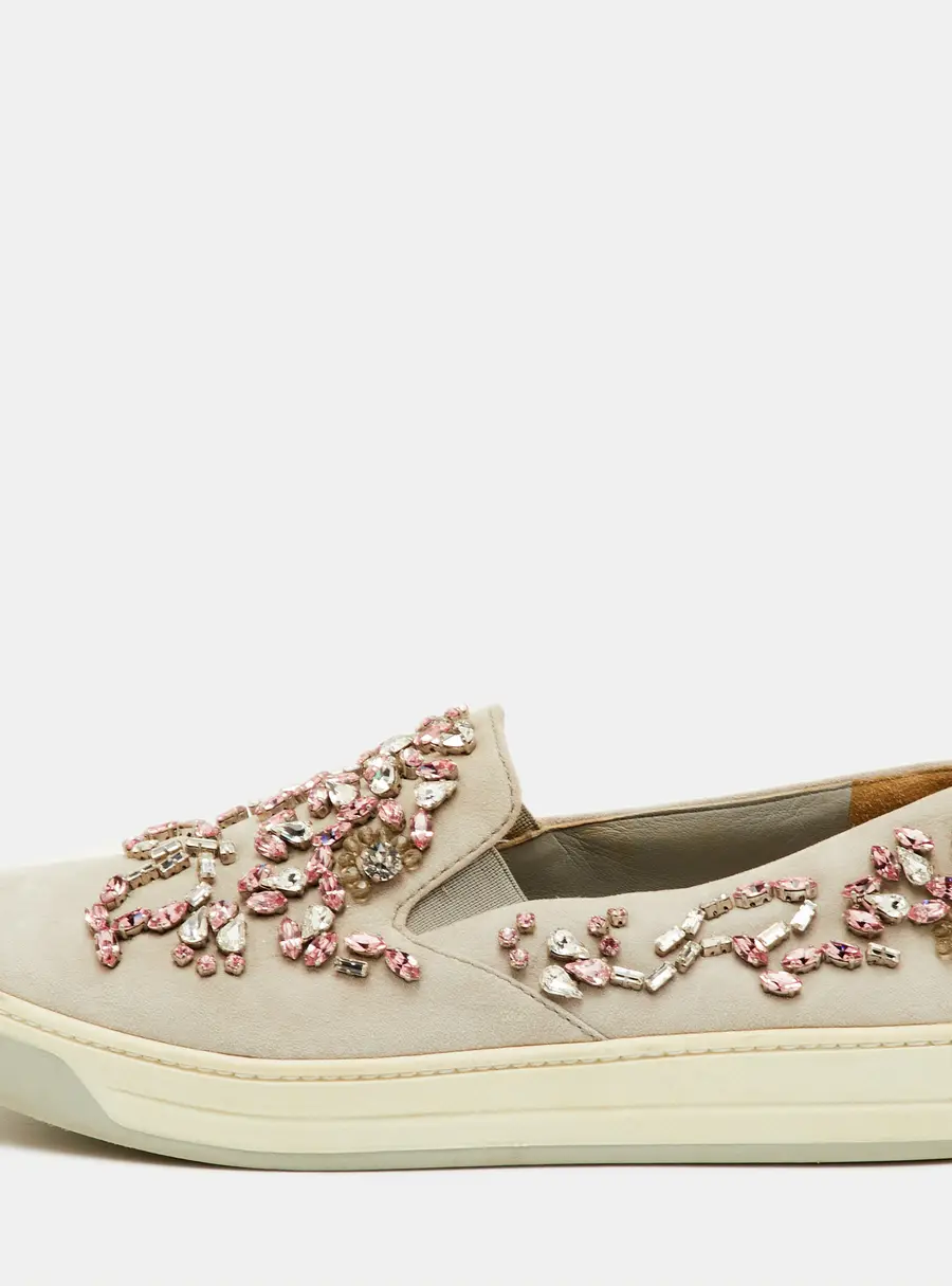 Prada Size 38 Light Grey Suede Crystal Embellished Slip On Sneakers