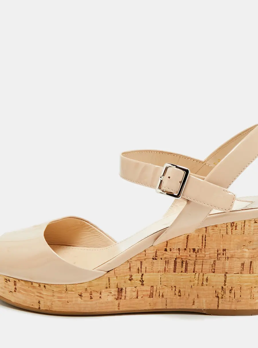 Prada Size 39 Beige Patent Leather Cork Wedge Sandals