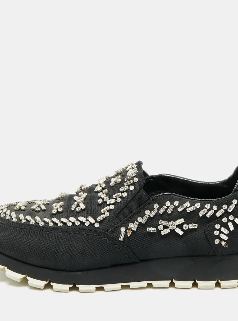 Prada Size 38.5 Black Canvas Crystal Embellished Slip On Sneakers