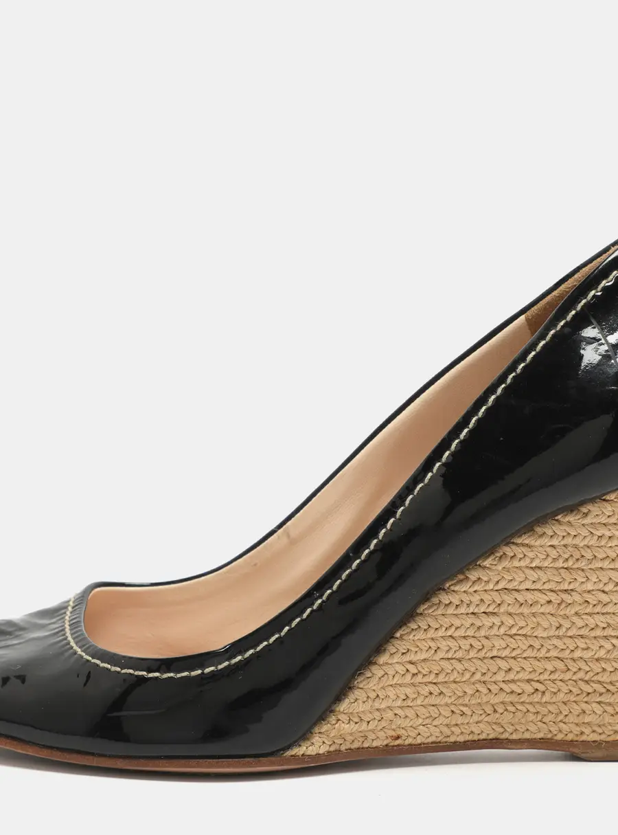 Prada Size 37 Black Patent Leather Wedge Espadrilles Peep Toe Pumps