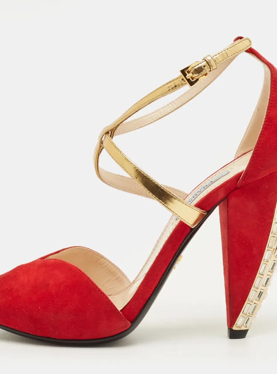 Prada Vinho Size 38 Red/Gold Leather and Suede Ankle Strap Sandals
