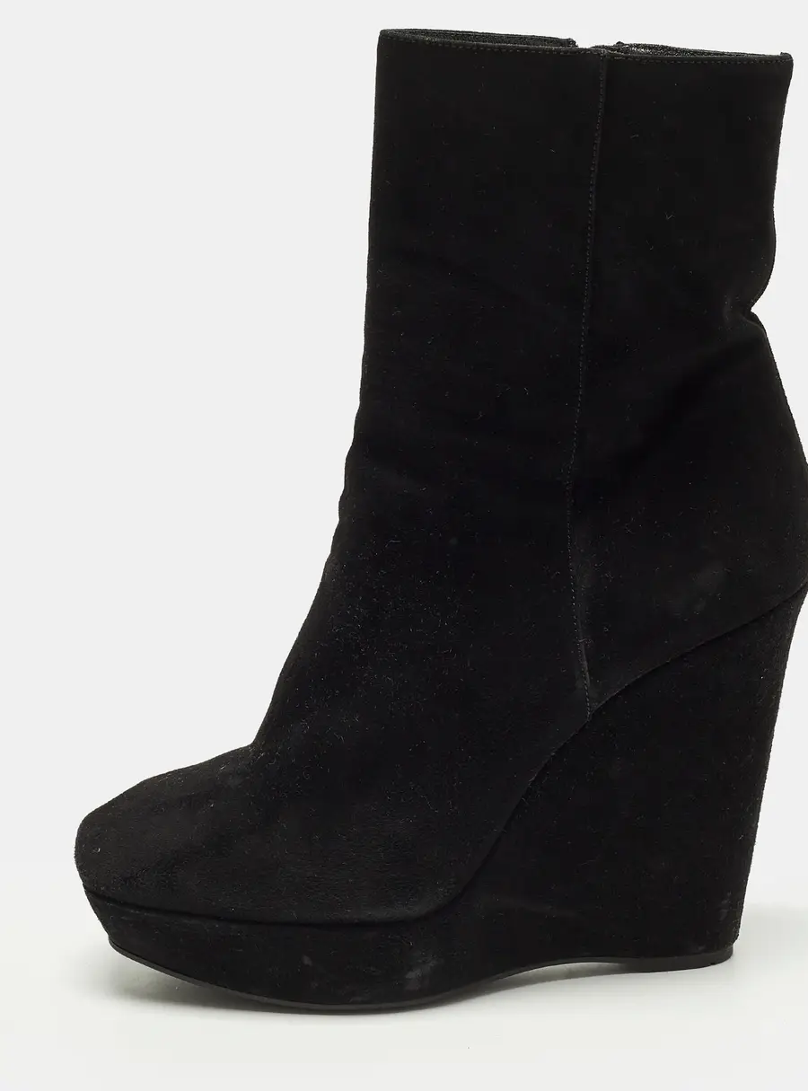 Prada Size 38 Black Suede Wedge Ankle Length Boots