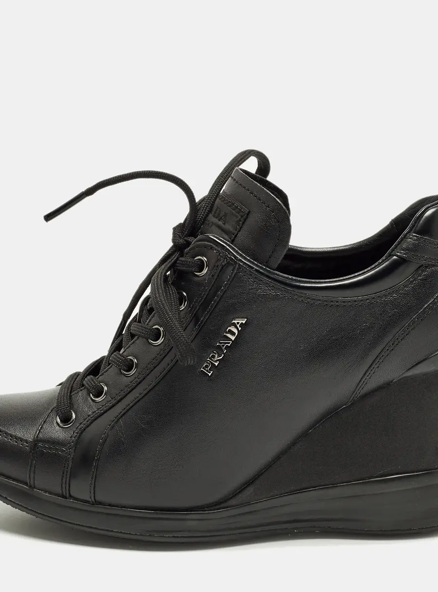Prada Size 37 Black Leather Wedge Sneakers