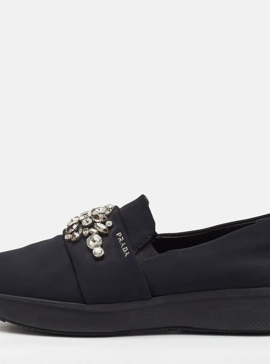 Prada Size 39.5 Black Neoprene Crystal Embellished Slip On Sneakers