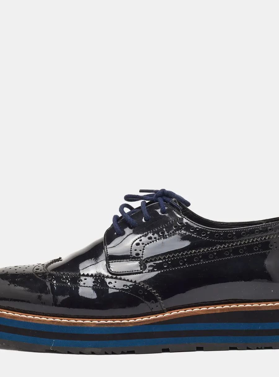 Prada Size 38 Black Brogue Patent Leather Lace Up Platform Derby Sneakers