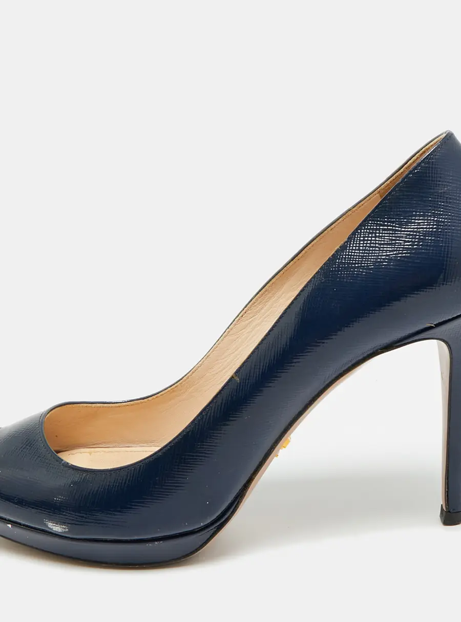 Prada Size 38 Navy Blue Saffiano Leather Platform Peep Toe Pumps