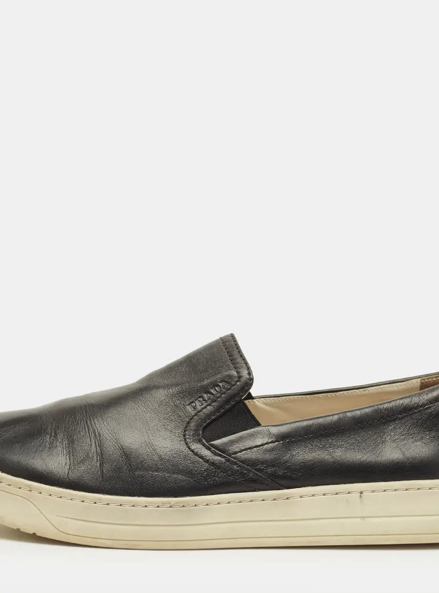 Prada Size 38.5 Black Leather Slip On Sneakers