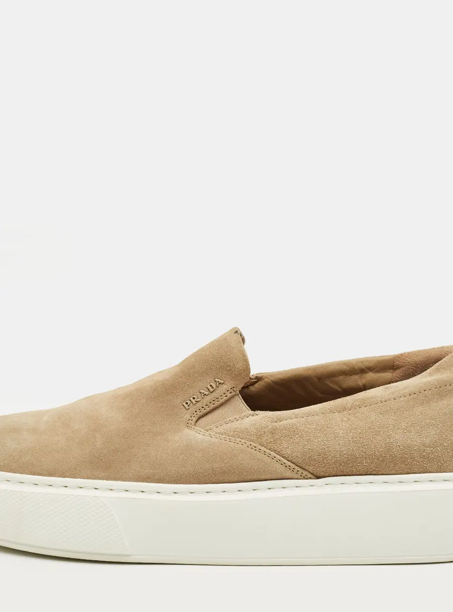 Prada Size 38.5 Beige Suede Platform Slip On Sneakers