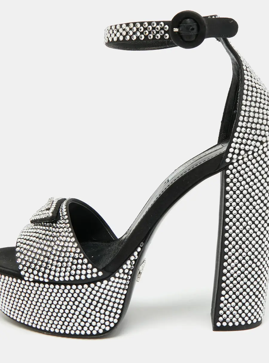 Prada Size 38 Black Satin Crystal Embellished Platform Ankle Strap Sandals
