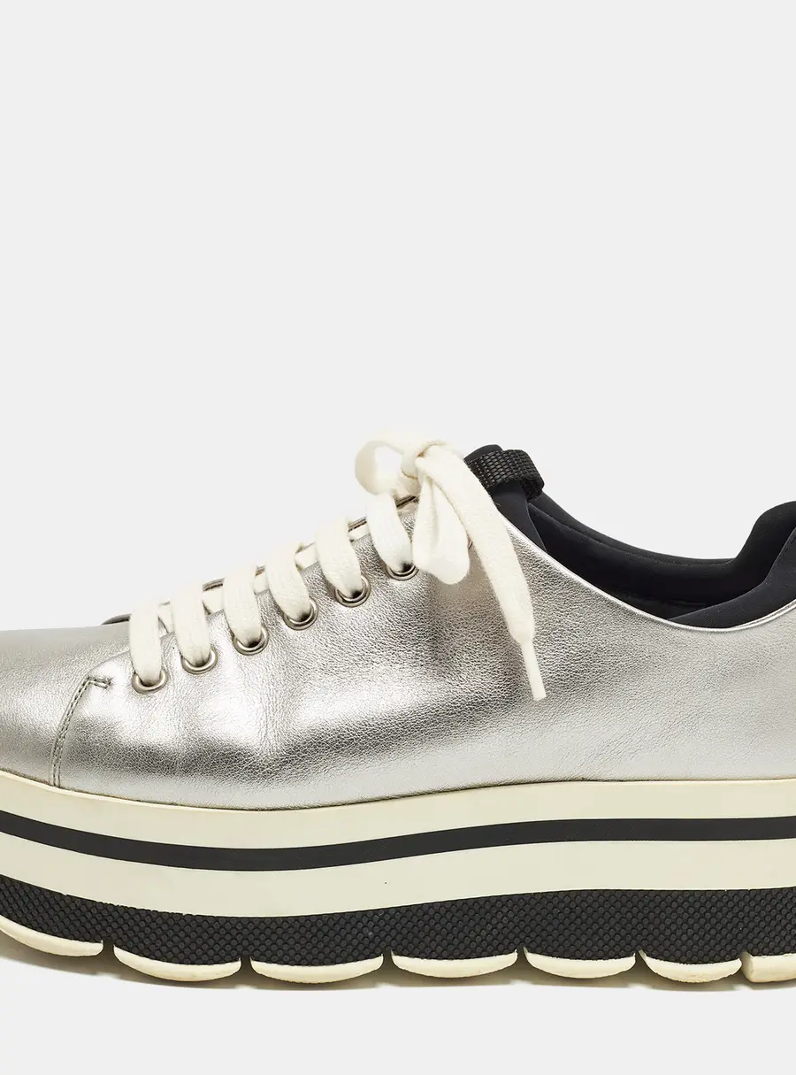 Prada Size 38.5 Silver Leather Platform Lace Up Sneakers