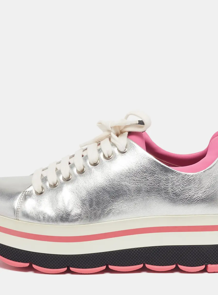 Prada Linea Size 38.5 Silver Leather Platform Lace Up Sneakers