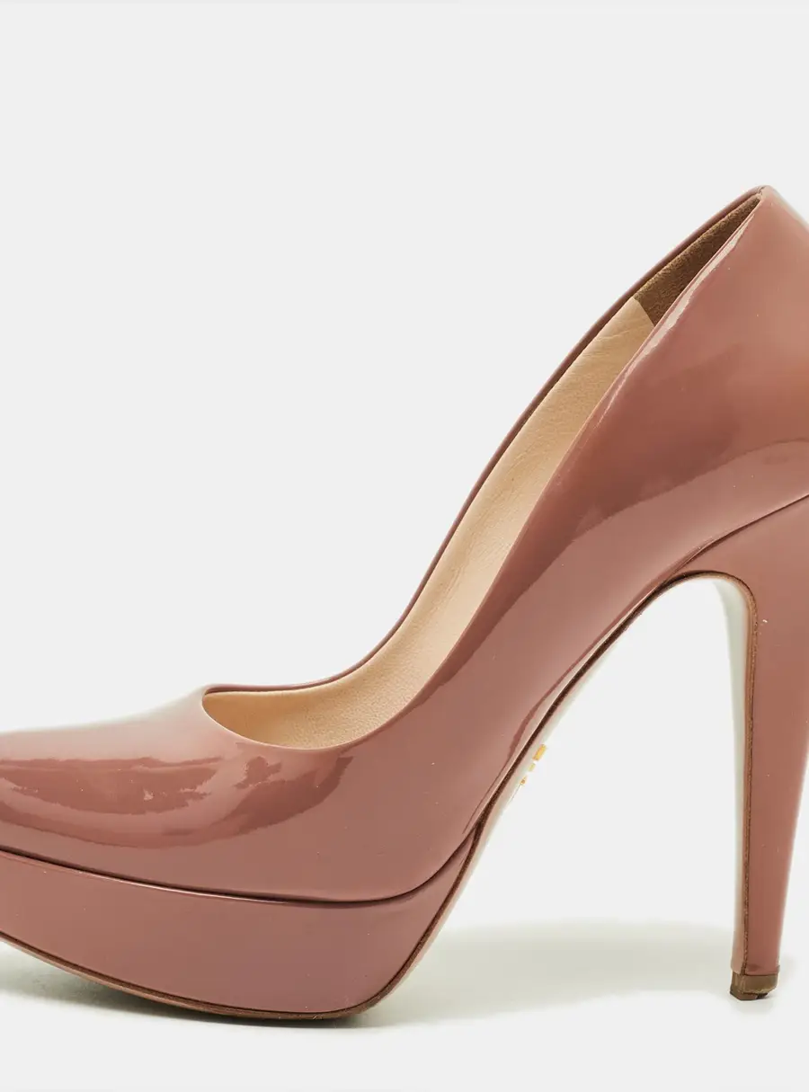 Prada Size 37 Peach Pink Patent Leather Platform Pumps