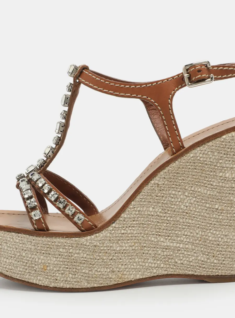 Prada Brown Leather Crystal Embellished T Strap Wedge Slingback Sandals Size 38