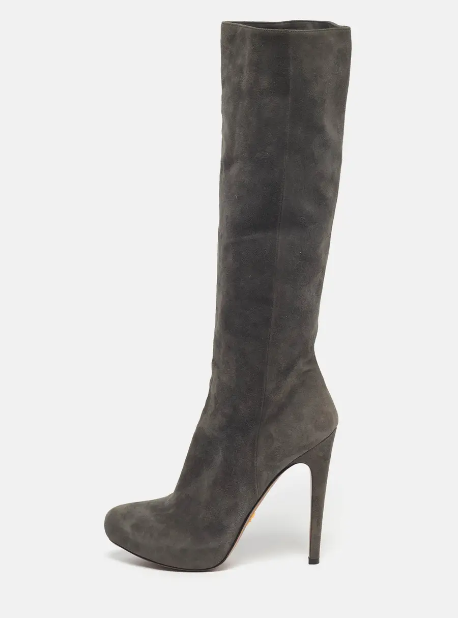 Prada Size 38 Grey Suede Platform Knee Length Boots