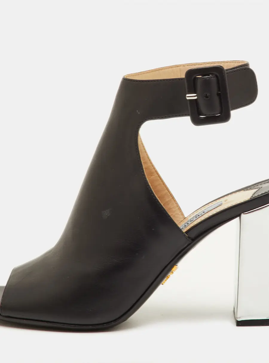 Prada Size 36.5 Black Leather Open Toe Ankle Strap Sandals