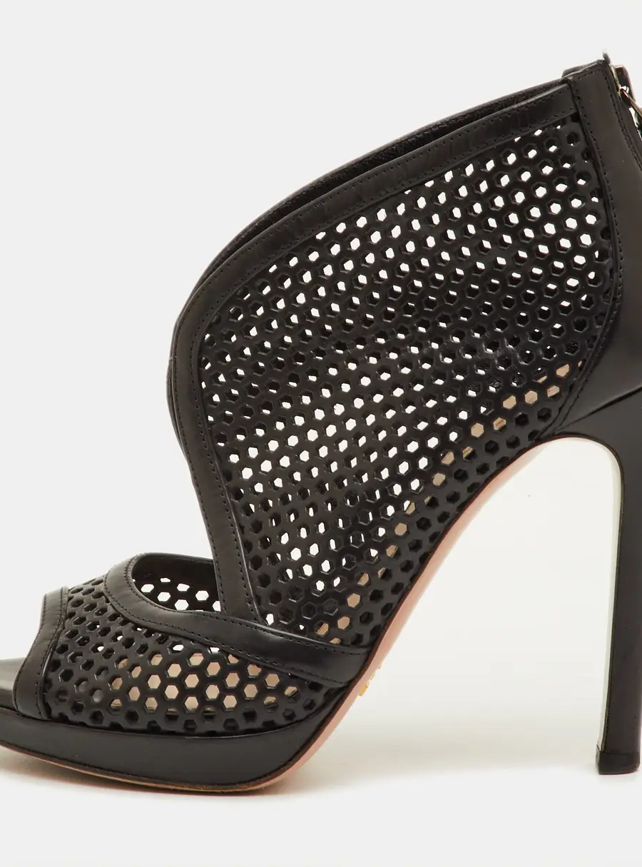Prada Size 37 Black Perforated Leather Open Toe Ankle Booties