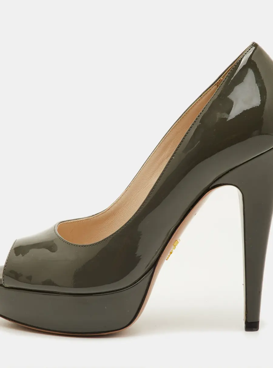 Prada Size 36 Olive Green Patent Leather Peep Toe Platform Pumps