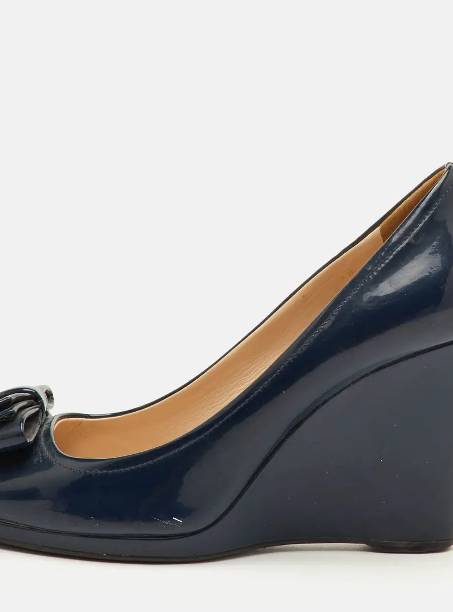 Prada Bow Size 38 Navy Blue Patent Leather Peep Toe Wedge Pumps