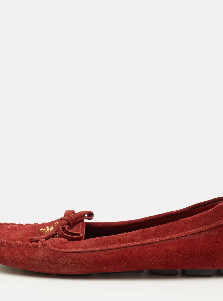 Prada Bow Size 37 Red Suede Slip On Loafers