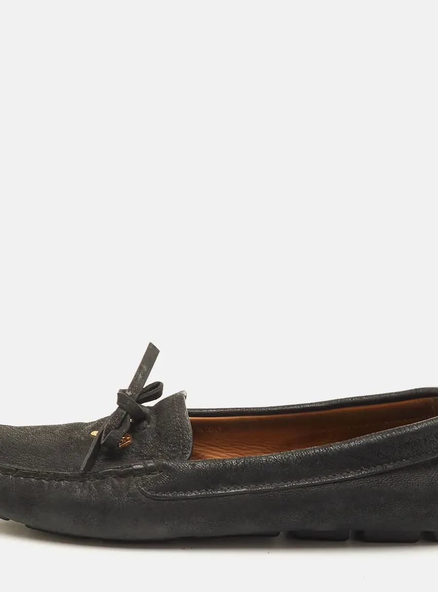 Prada Bow Size 37 Black Leather Slip On Loafers