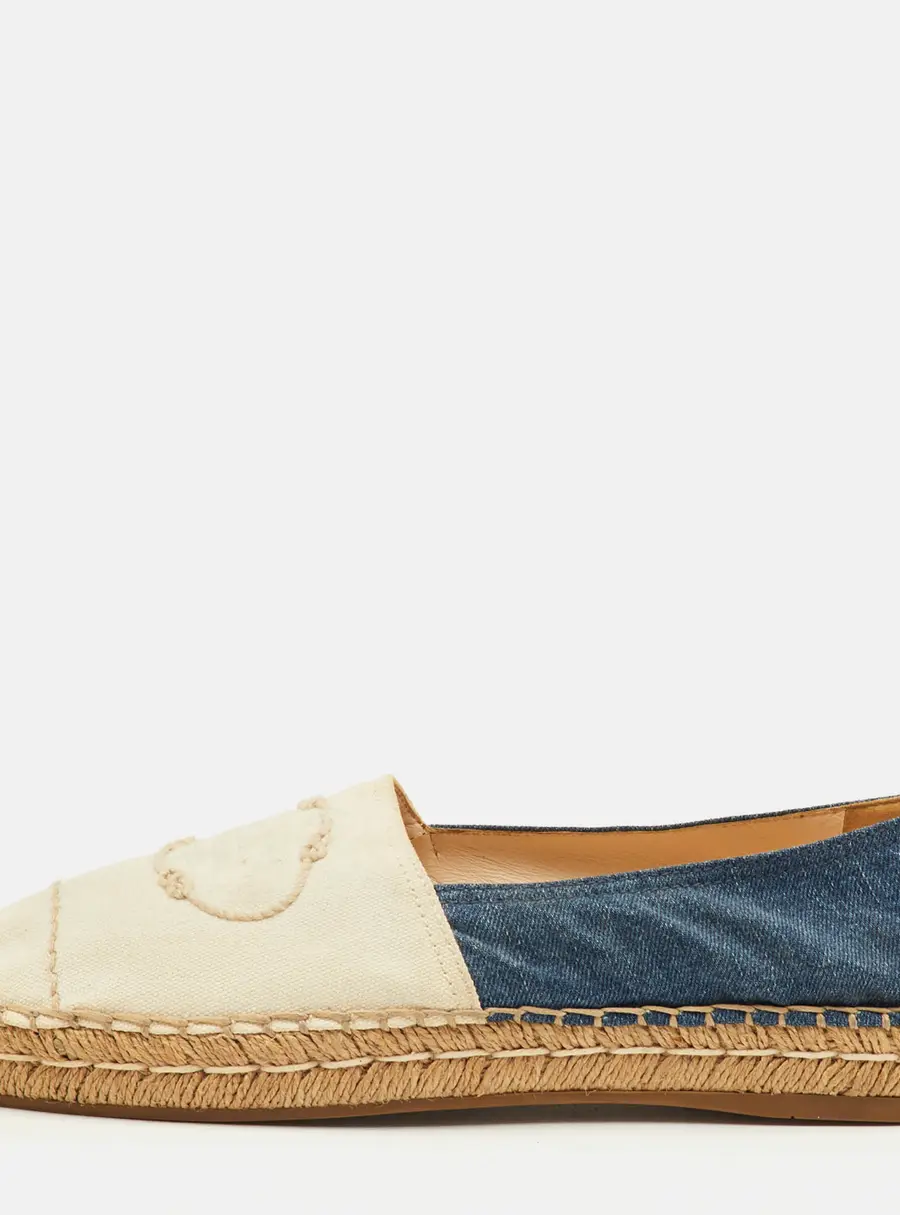Prada Size 41 Blue/Cream Denim and Canvas Logo Embroidered Espadrille Flats