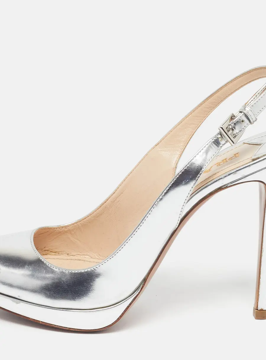 Prada Size 38.5 Silver Leather Open Slingback Pumps