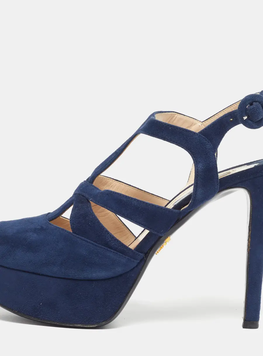 Prada Size 38.5 Navy Blue Suede Platform Ankle Strap Sandals