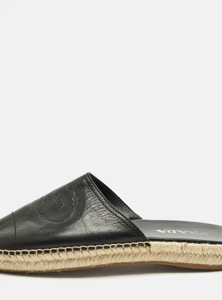 Prada Size 40.5 Black Leather Espadrille Mules