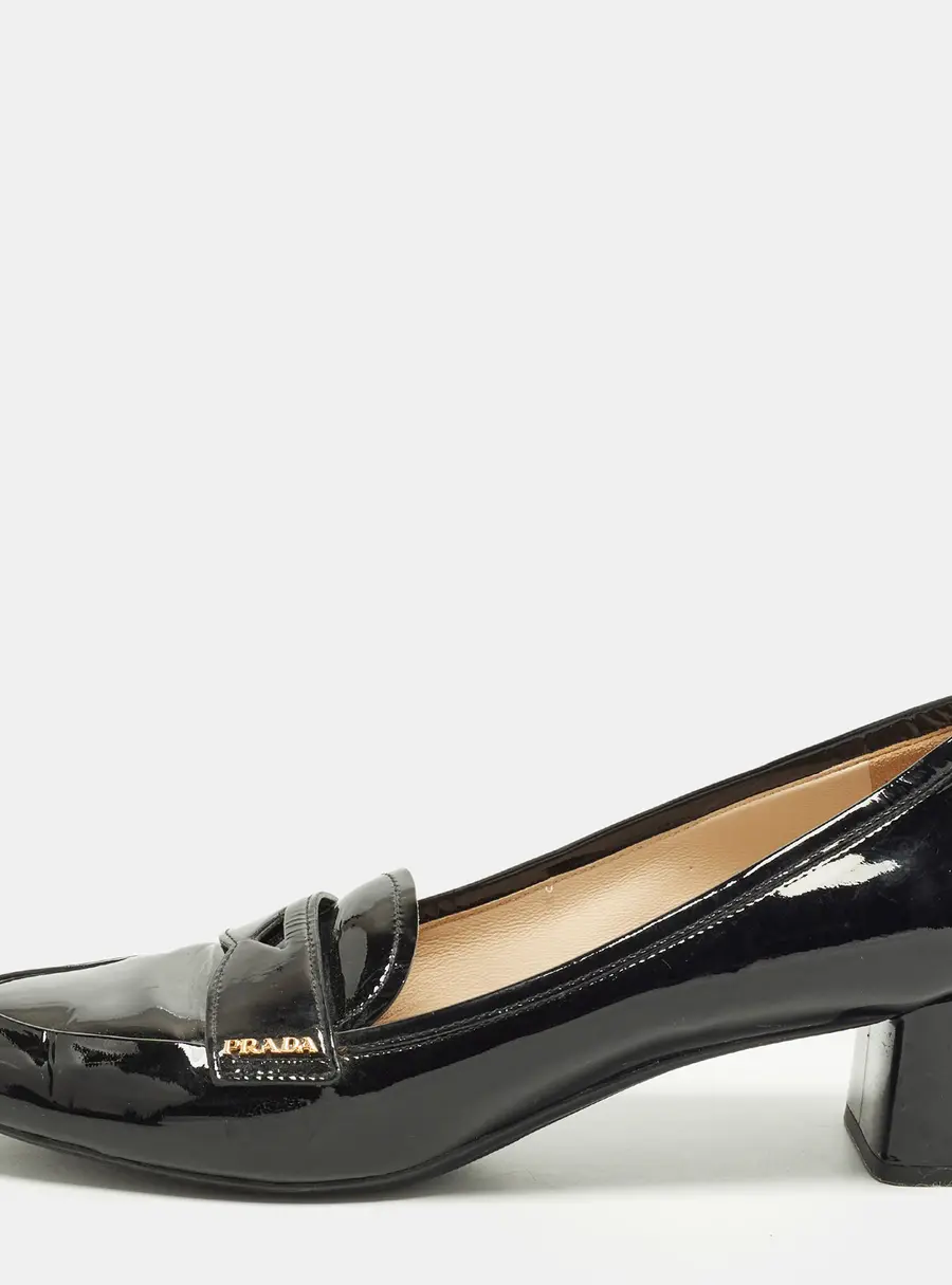 Prada Size 40 Black Patent Leather Block Heel Loafer Pumps