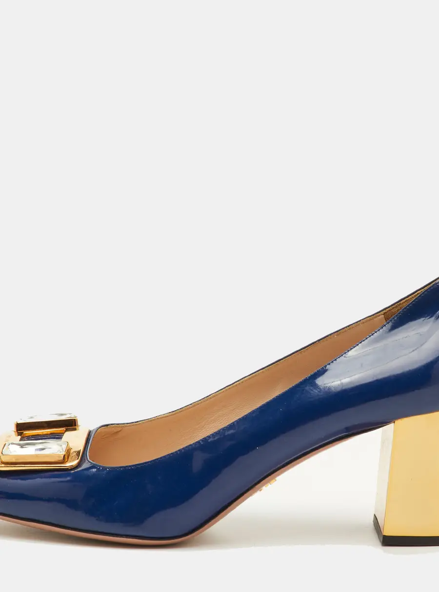 Prada Size 40.5 Navy Blue Patent Leather Crystal Block Heel Pumps