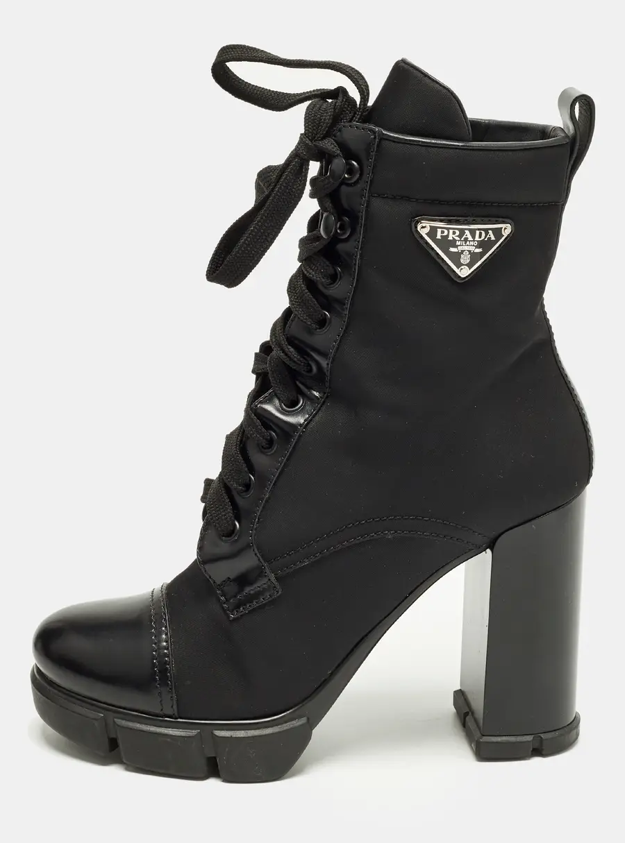 Prada Monolith Size 38 Black Leather Nylon Ankle Length Boots