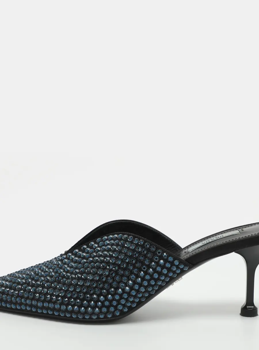 Prada Crystal Embellished Size 41 Black/Blue Satin Mules
