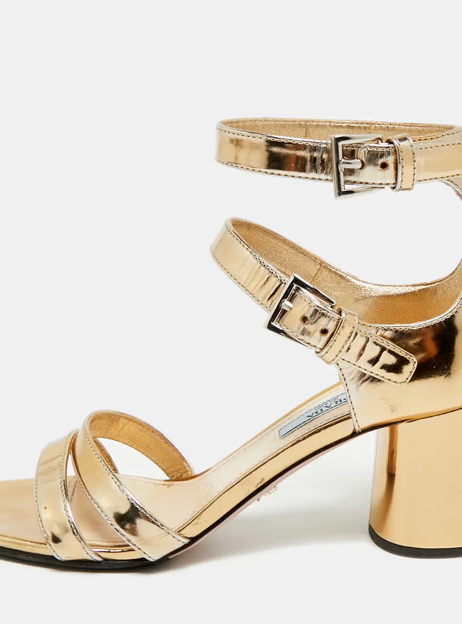 Prada Size 37 Gold Leather Ankle Strap Sandals