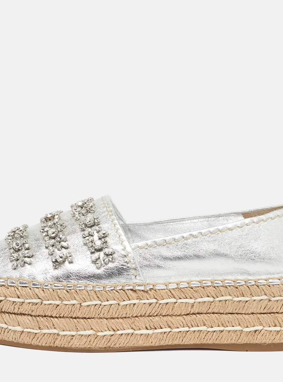 Prada Size 36.5 Silver Leather Crystal Embellished Peep Toe Platform Espadrille