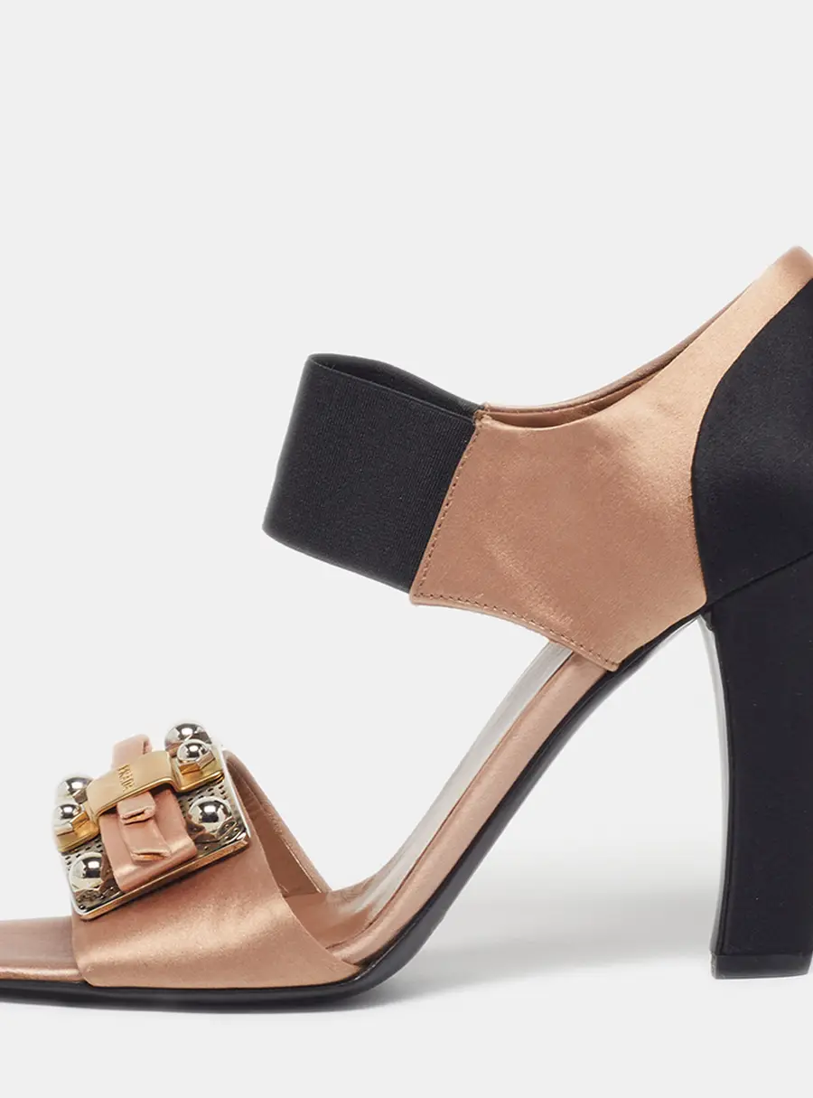 Prada Size 37.5 Gold/Black Satin Embellished Ankle Strap Sandals
