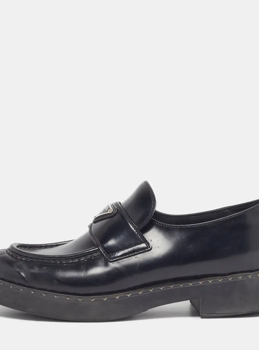 Prada Size 41 Black Brushed Leather Slip On Loafers