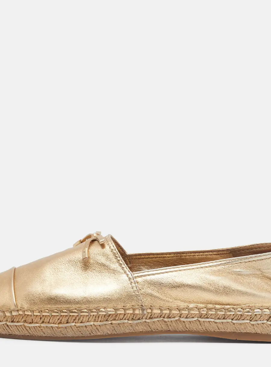 Prada Bow Size 40 Metallic Gold Leather Cap Toe Espadrille Flats