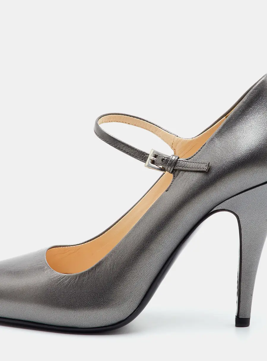 Prada Size 37 Metallic Grey Leather Mary Jane Pumps