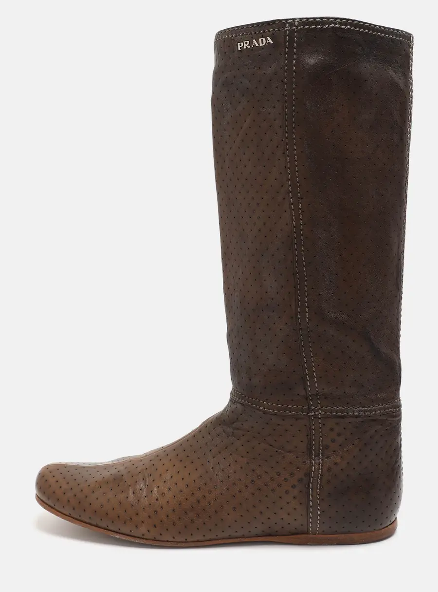 Prada Size 40 Brown Perforated Leather Vintage Mid Calf Boots
