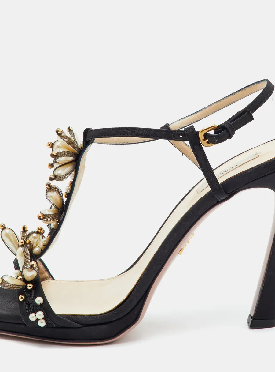 Prada Size 40.5 Black Fabric Embellished Ankle Strap Sandals