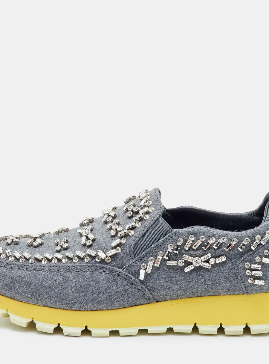Prada Size 36.5 Grey Fabric Crystal Embellished Slip On Sneakers