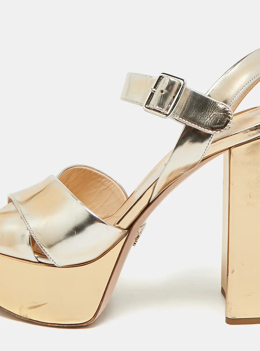 Prada Size 38 Gold Leather Platform Ankle Strap Sandals