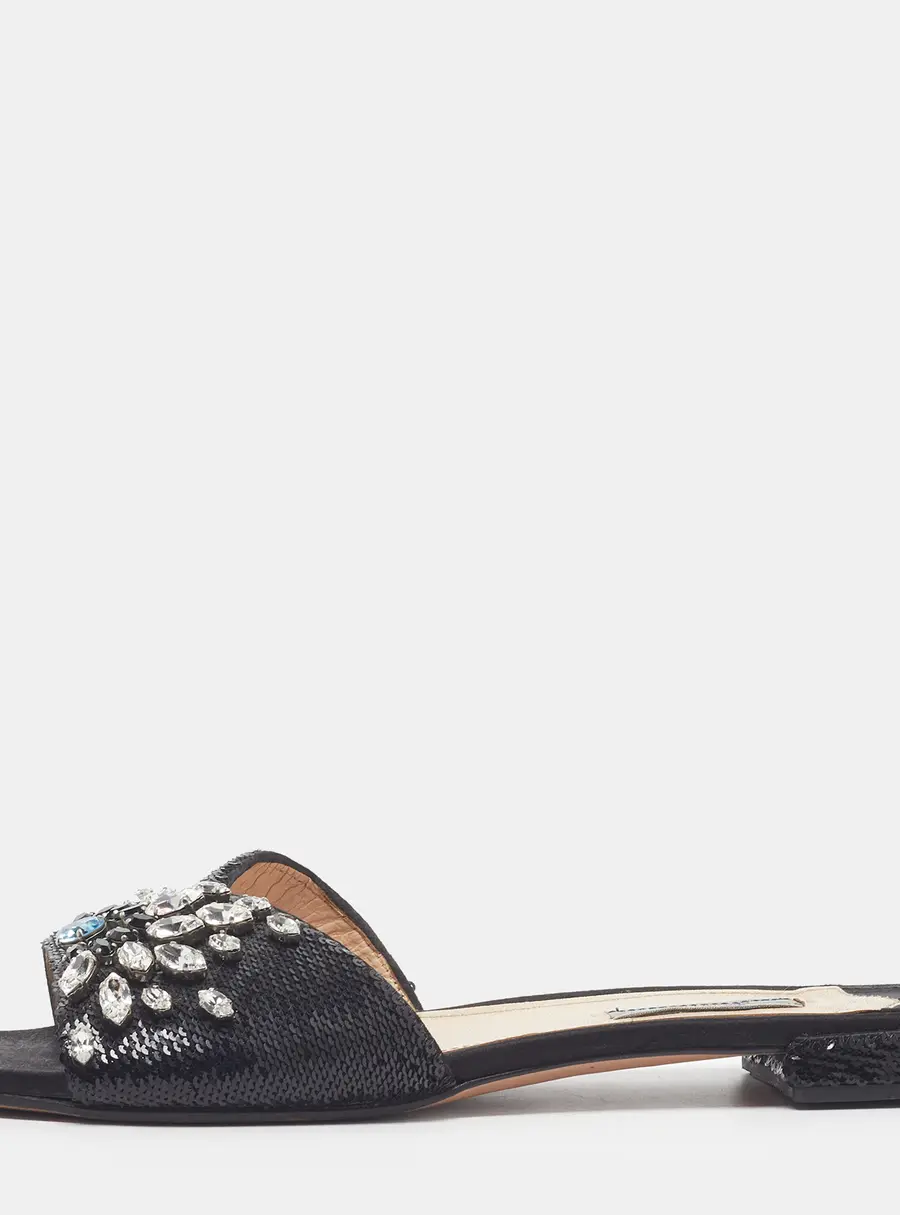 Prada Size 40 Black Sequins Crystal Embellished Flat Slides