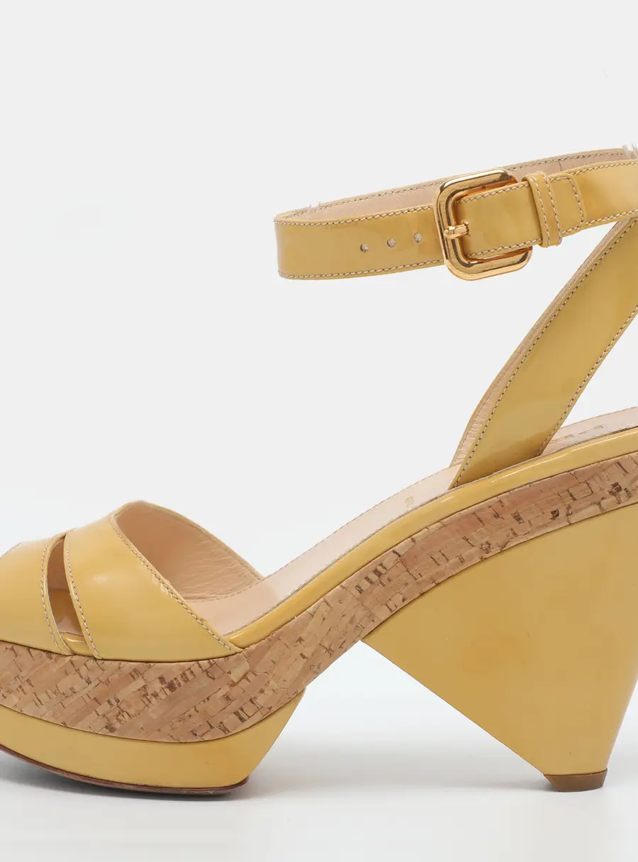 Prada Size 36 Yellow Patent Leather Wedge Ankle Strap Sandals
