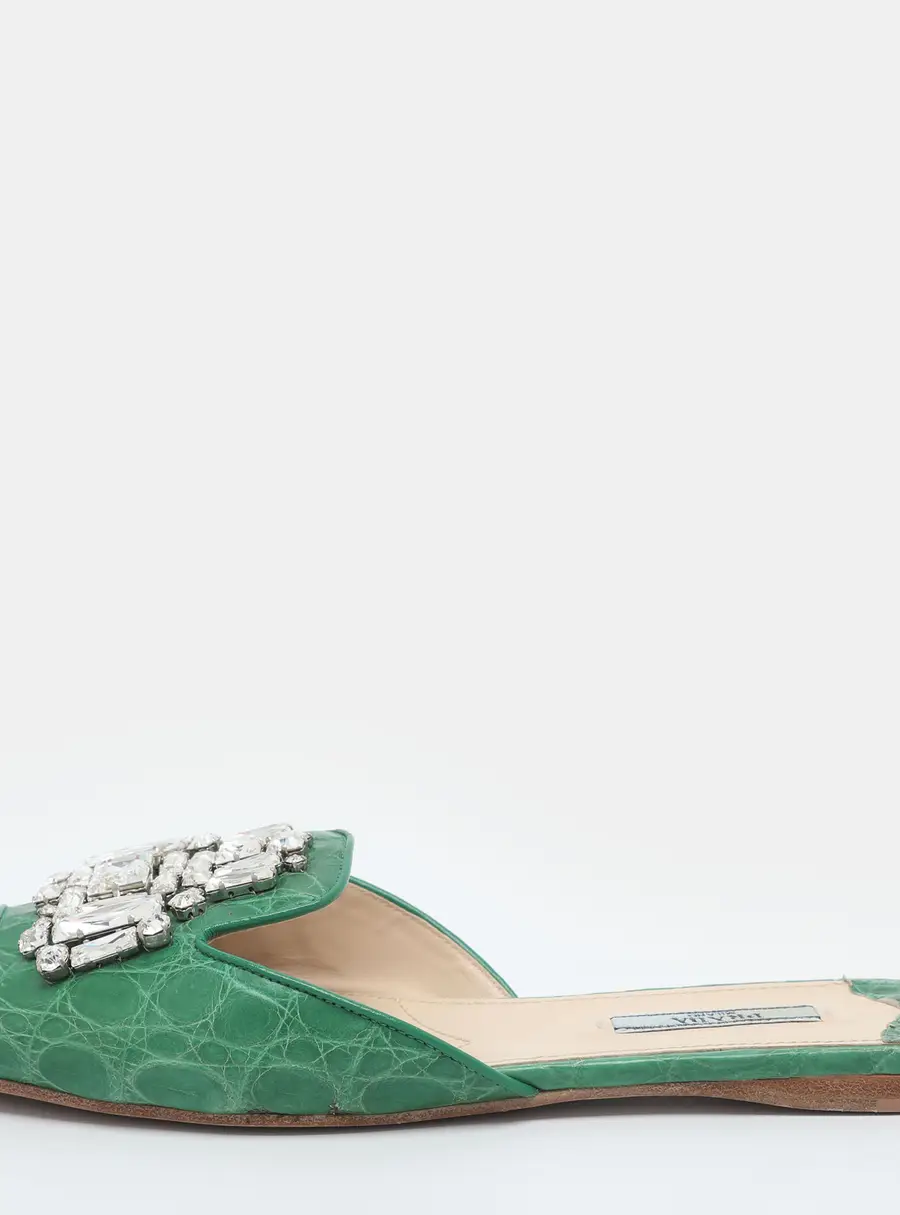 Prada Size 38.5 Green Croc Embossed Leather Crystal Embellished Slide Sandals
