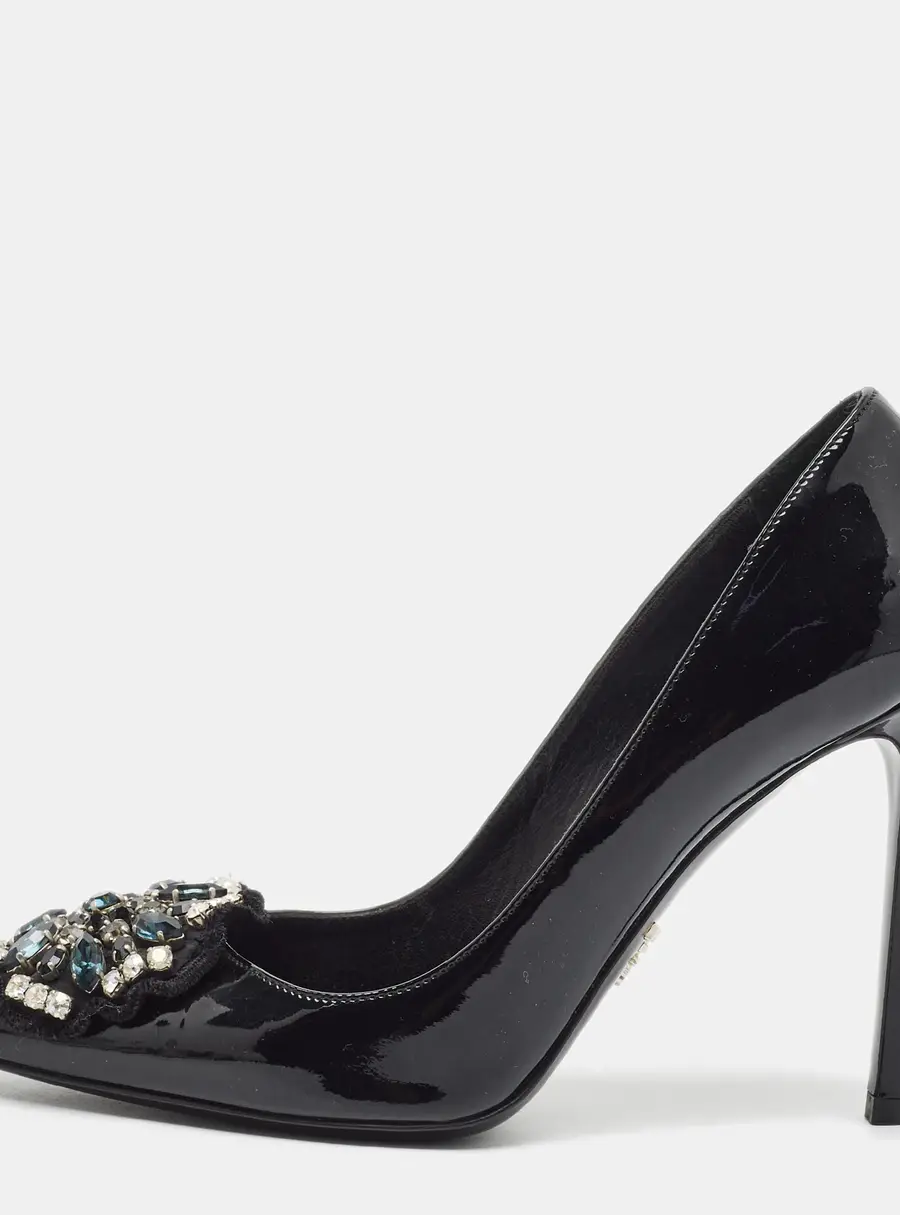 Prada Size 36.5 Black Patent Leather Crystal Embellished Pumps