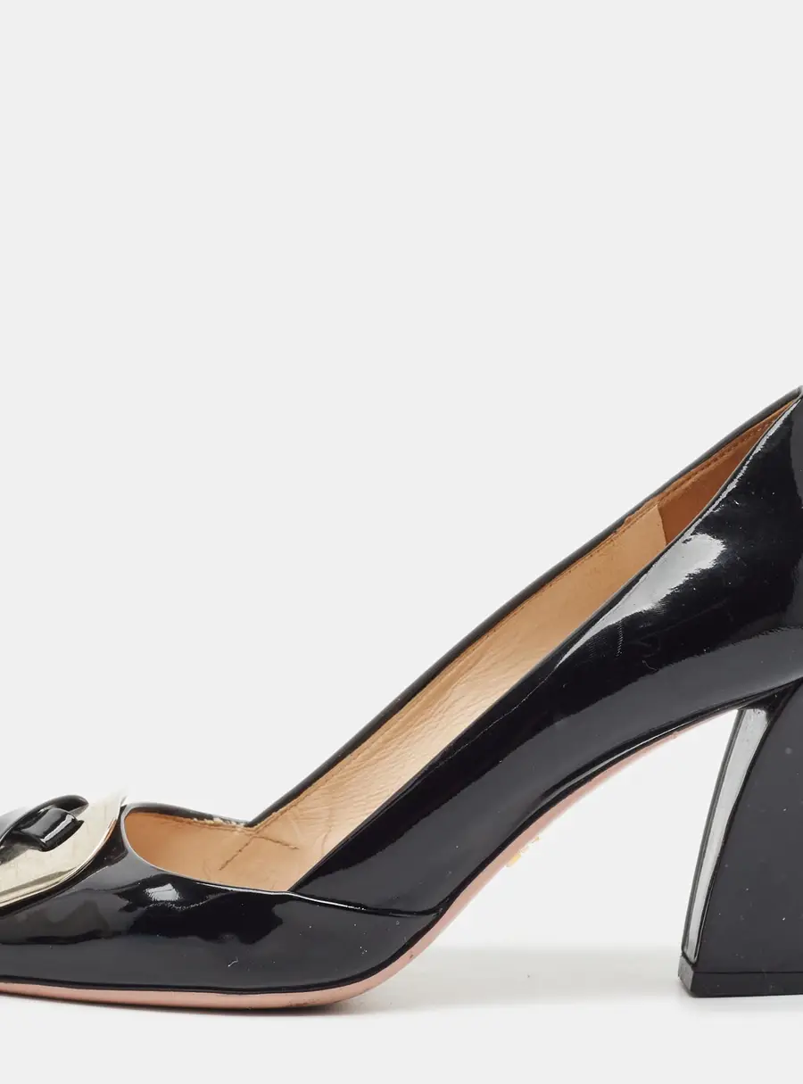 Prada Size 36.5 Black Patent Leather Block Heel Pumps