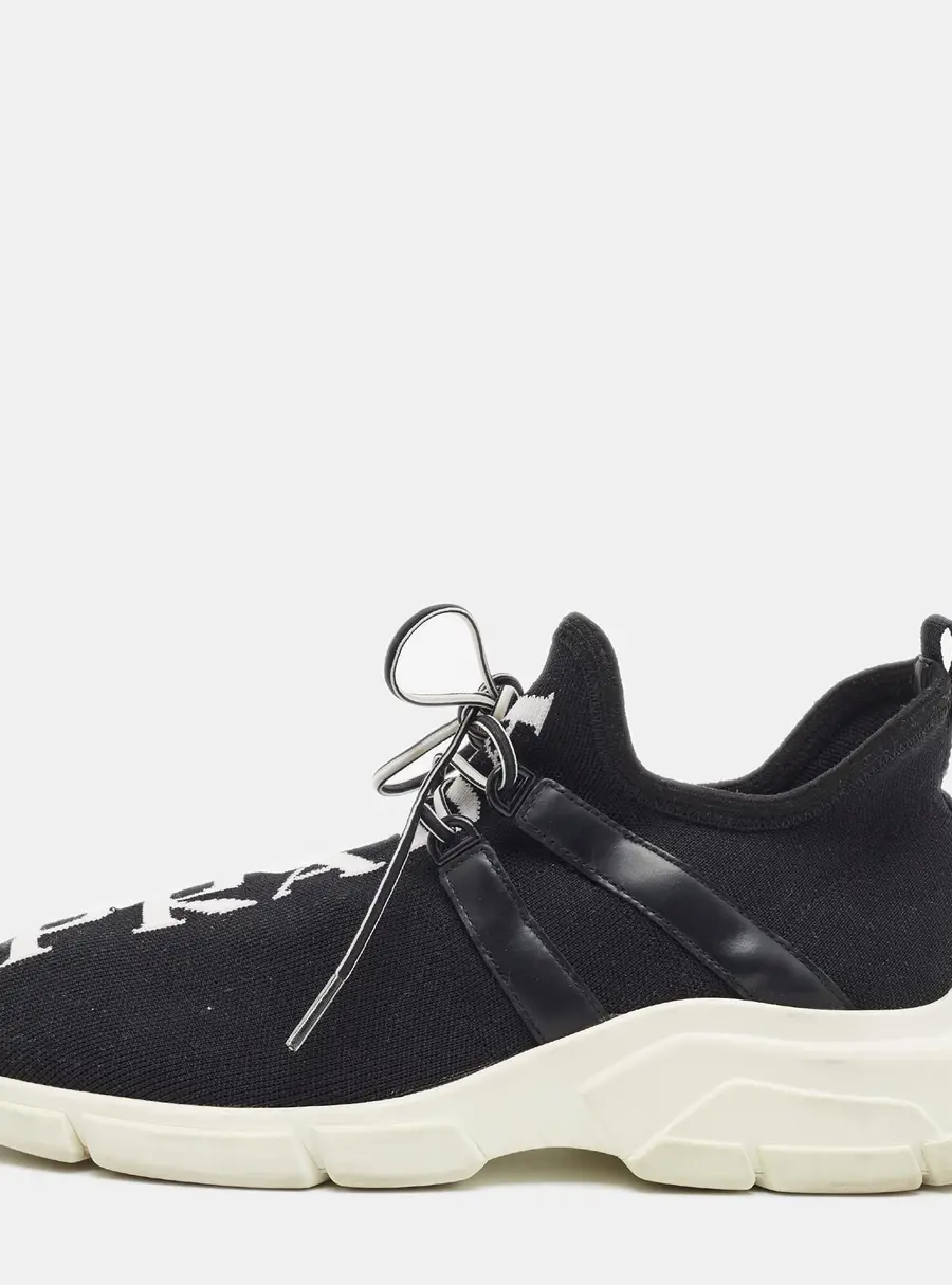Prada Size 37.5 Black Knit Fabric and Leather Lace Up Sneakers