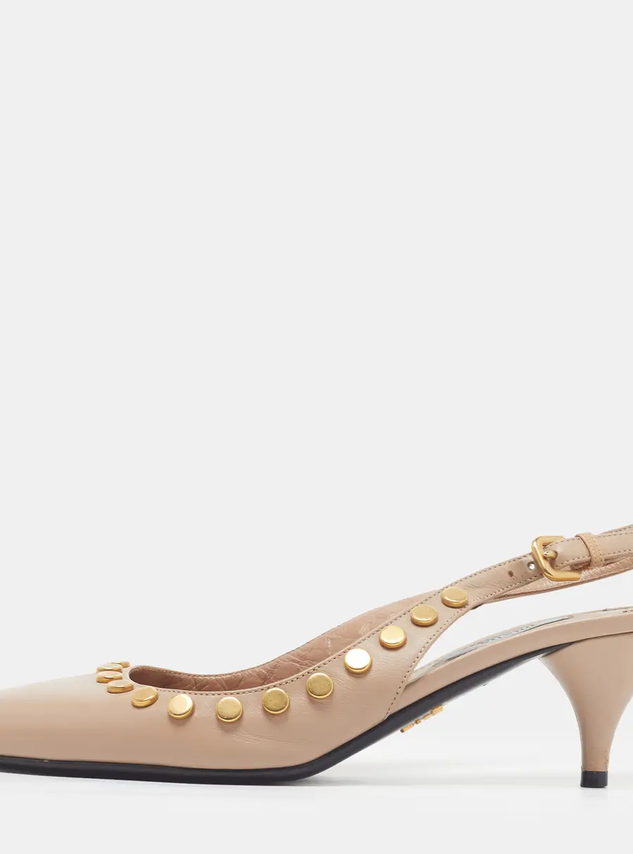 Prada Size 39.5 Beige Leather Studs Embellished Slingback Pumps